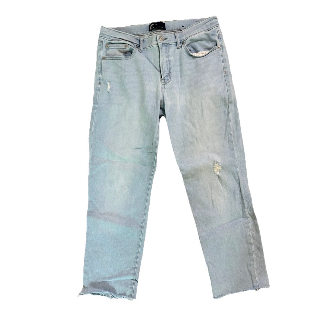 Gap Girlfriend Jeans Women Sz 28 (30x23.5) Light Wash Distressed Raw Hem Denim